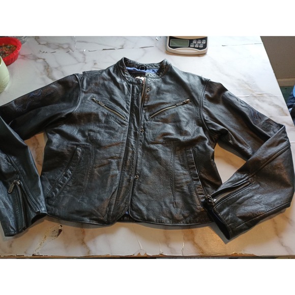 Vintage Harley Davidson Women Motorcycle Biker Jacket Blue Flame Genuine Leather